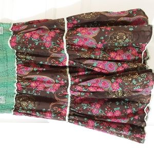 Vintage Karma Living Brown Colorful Floral Tiered Ruffle Skirt size L